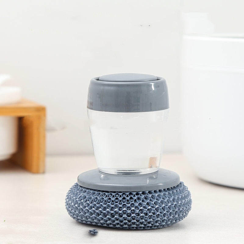 Kitchen Soap Dispensing Palm Brush – Push-Type Dish Cleaner with Built-in Detergent Dispenser