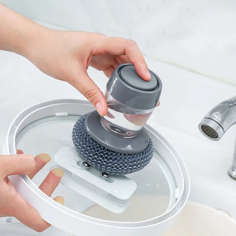 Kitchen Soap Dispensing Palm Brush – Push-Type Dish Cleaner with Built-in Detergent Dispenser