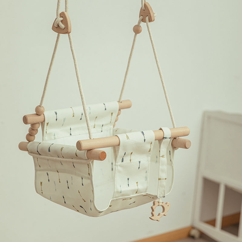Cotton Canvas Baby Swing Chair – Indoor/Outdoor Hanging Seat with Cushion & Wooden Frame for Safe Baby Playroom Décor