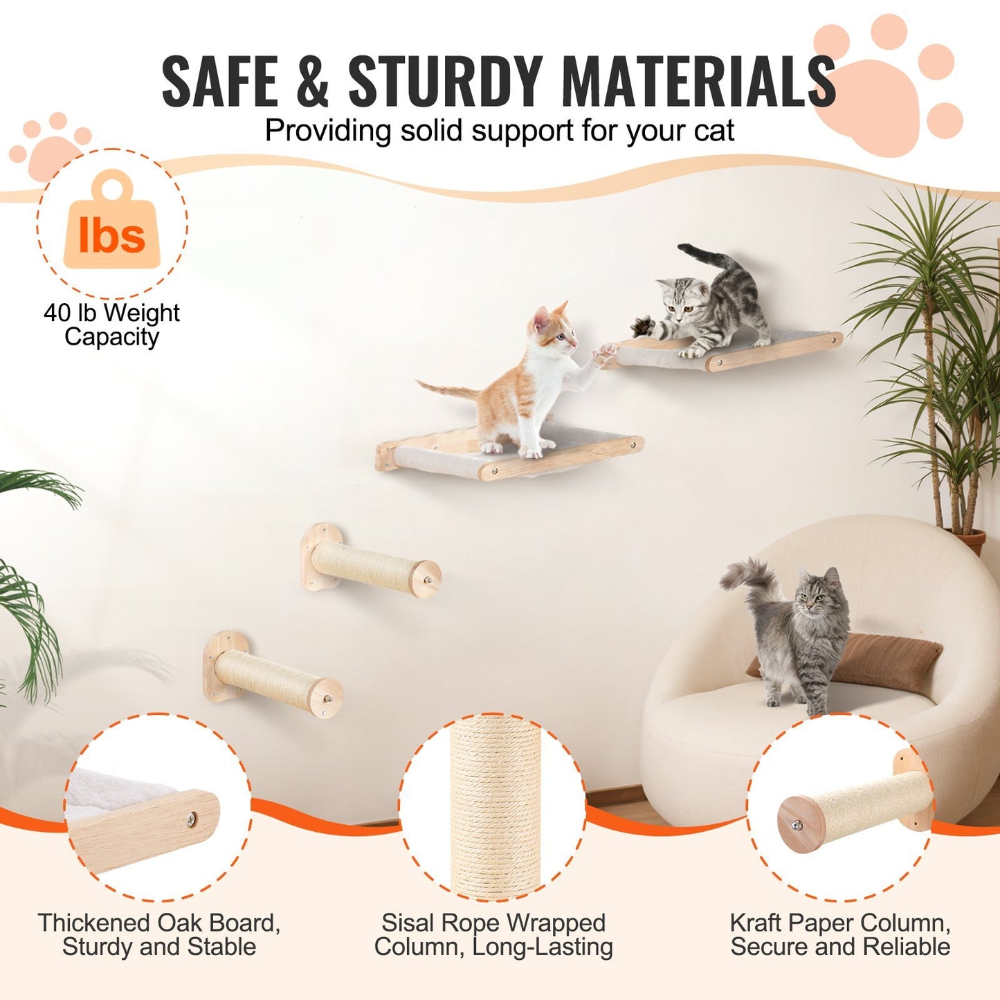 VEVOR Wall-Mounted Cat Shelves with Jumping Posts & Hammocks – Holds Up to 40 lbs