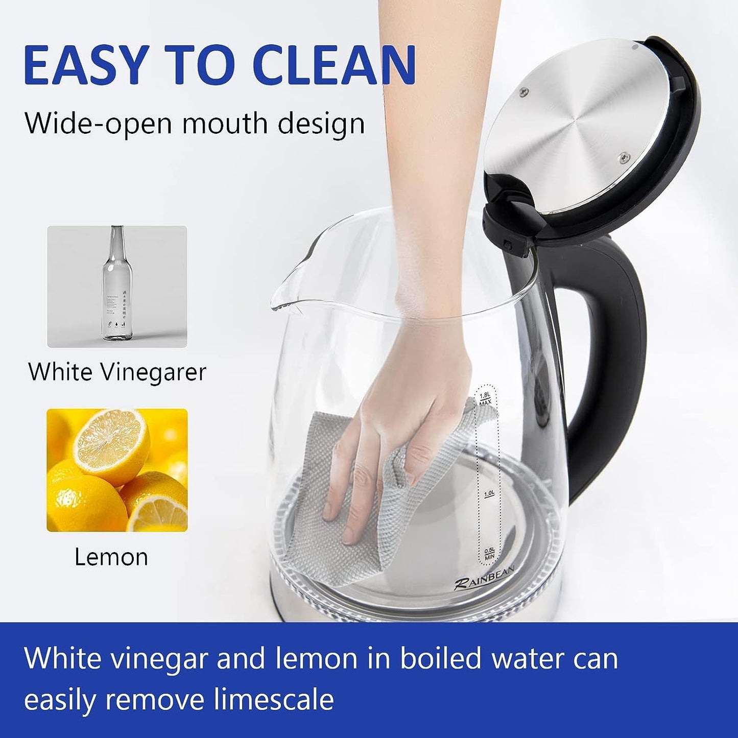 1.8L Glass Electric Kettle – Fast Boil Water Boiler with LED Light, Wide Opening, Auto Shut-Off & Boil-Dry Protection – Black