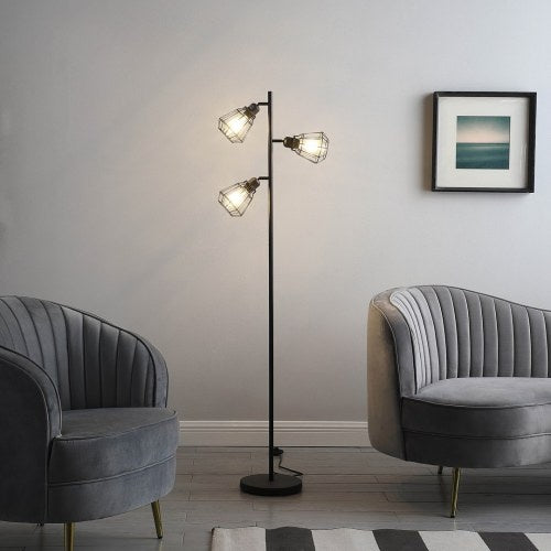 Adjustable Industrial Farmhouse Metal Floor Lamp with Cage Shade