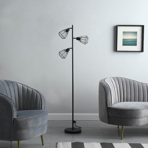 Adjustable Industrial Farmhouse Metal Floor Lamp with Cage Shade