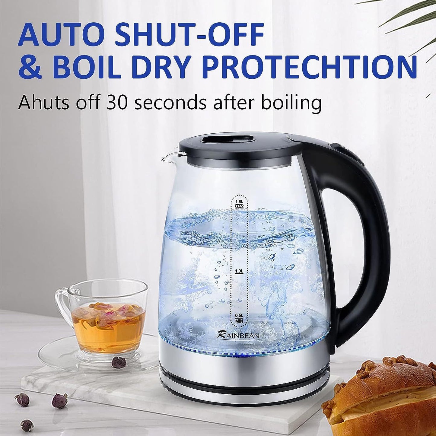 1.8L Glass Electric Kettle – Fast Boil Water Boiler with LED Light, Wide Opening, Auto Shut-Off & Boil-Dry Protection – Black