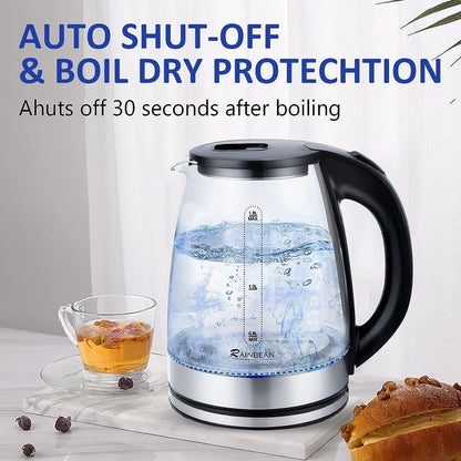 1.8L Glass Electric Kettle – Fast Boil Water Boiler with LED Light, Wide Opening, Auto Shut-Off & Boil-Dry Protection – Black