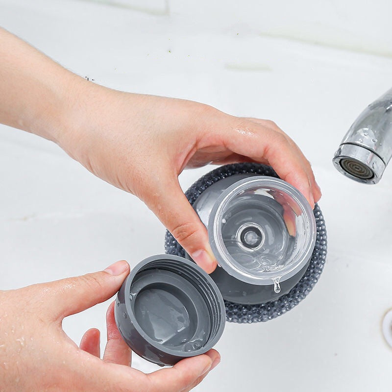 Kitchen Soap Dispensing Palm Brush – Push-Type Dish Cleaner with Built-in Detergent Dispenser
