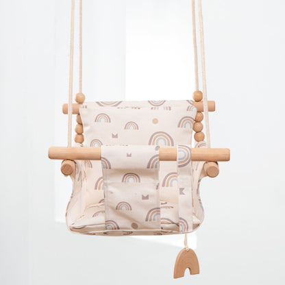 Cotton Canvas Baby Swing Chair – Indoor/Outdoor Hanging Seat with Cushion & Wooden Frame for Safe Baby Playroom Décor