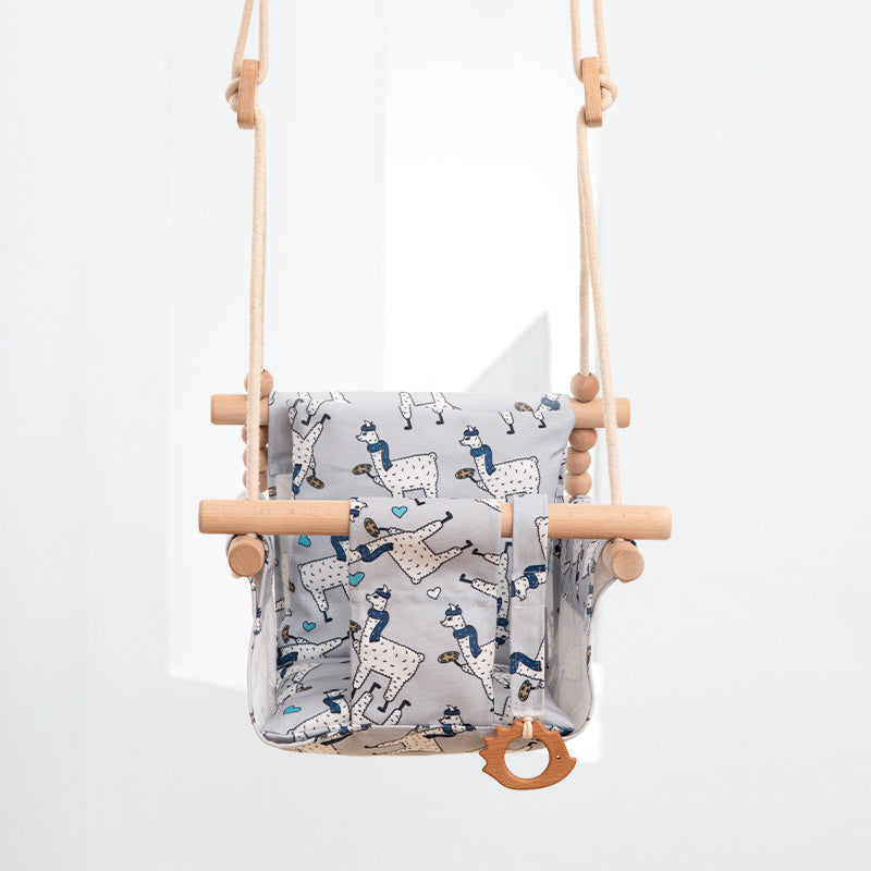 Cotton Canvas Baby Swing Chair – Indoor/Outdoor Hanging Seat with Cushion & Wooden Frame for Safe Baby Playroom Décor
