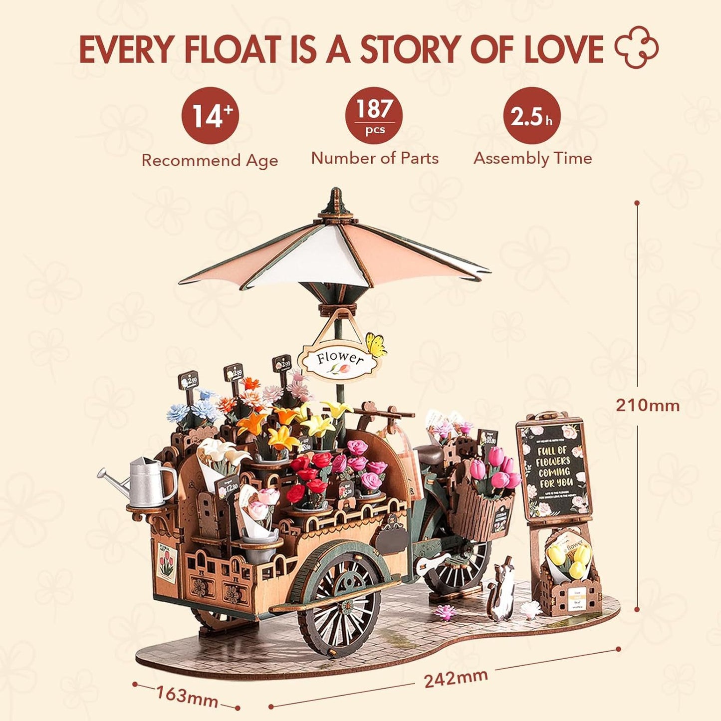 ROBOTIME Blossom Cart 3D Wooden Puzzle – DIY Model Kit for Adults, Home Décor & Craft Gift