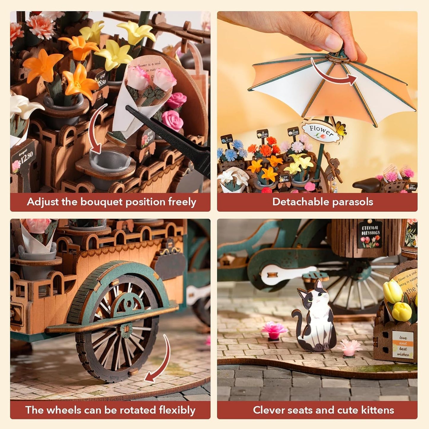 ROBOTIME Blossom Cart 3D Wooden Puzzle – DIY Model Kit for Adults, Home Décor & Craft Gift