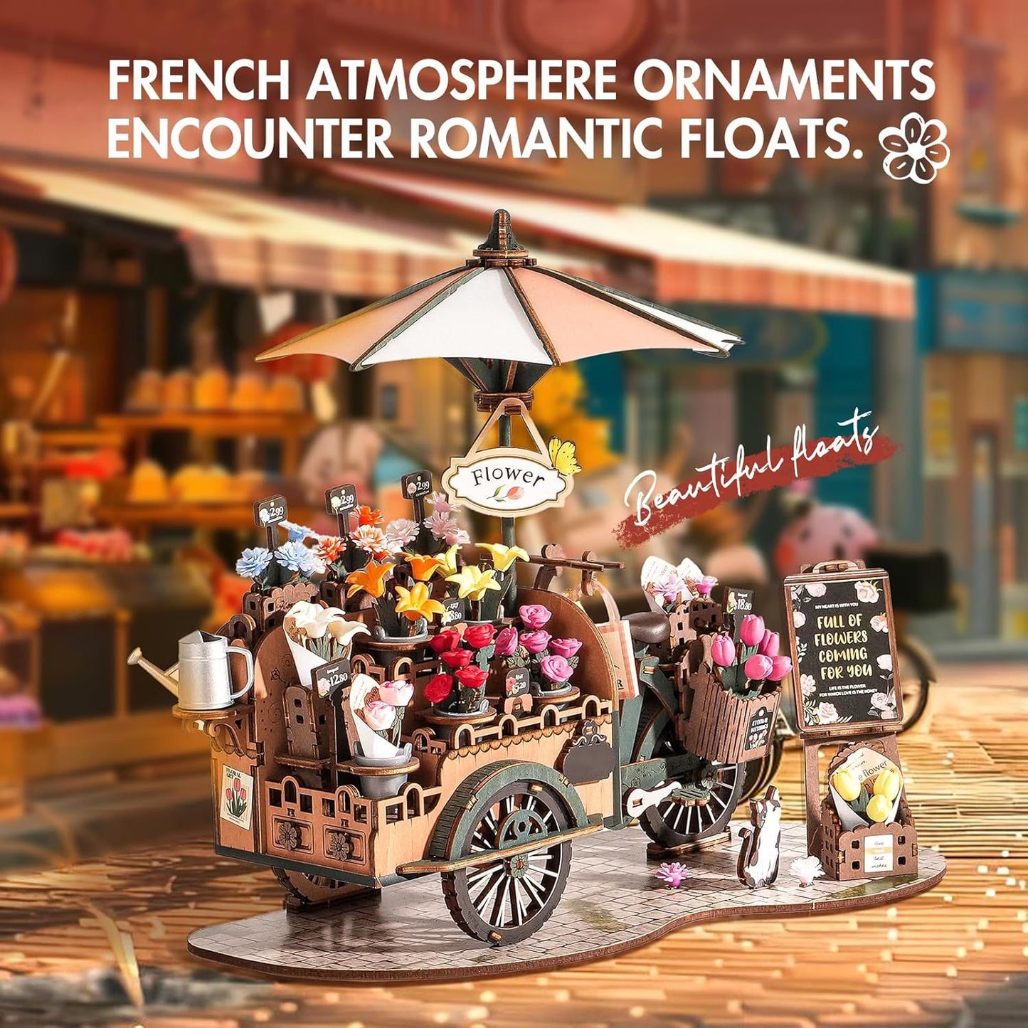 ROBOTIME Blossom Cart 3D Wooden Puzzle – DIY Model Kit for Adults, Home Décor & Craft Gift