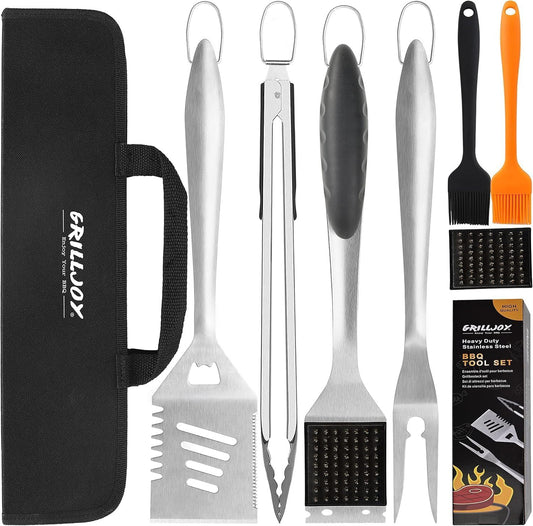 Grilljoy 8-Piece Heavy-Duty BBQ Grill Tool Set – Stainless Steel Spatula, Fork, Tongs & Cleaning Brush with Portable Bag – Ideal Barbecue Gift for Men