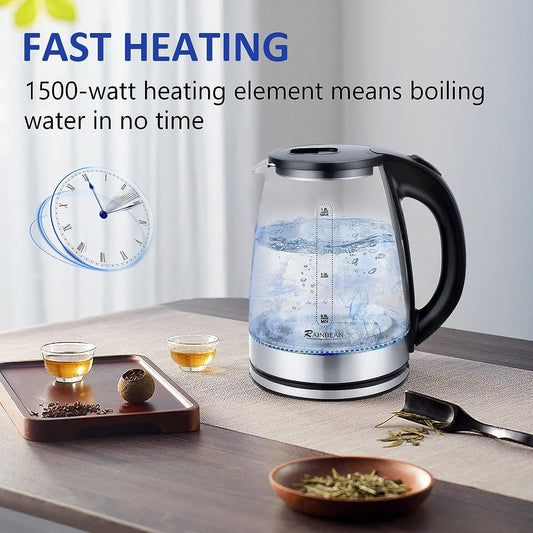 1.8L Glass Electric Kettle – Fast Boil Water Boiler with LED Light, Wide Opening, Auto Shut-Off & Boil-Dry Protection – Black