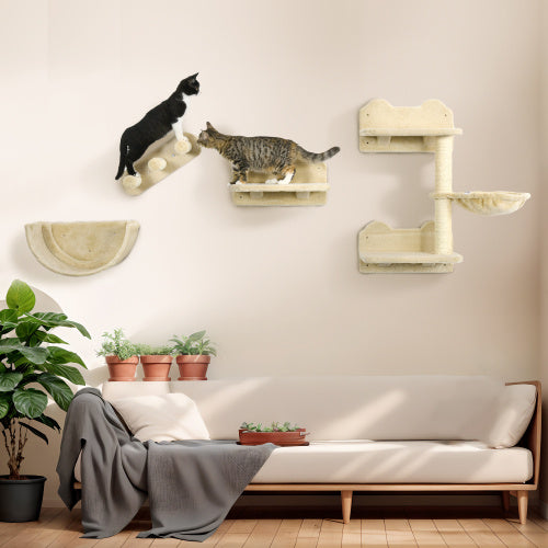 PawHut 4-Piece Cat Wall Shelves Set – Climbing Furniture with Hammock, Steps, Perches & Scratching Post – Beige