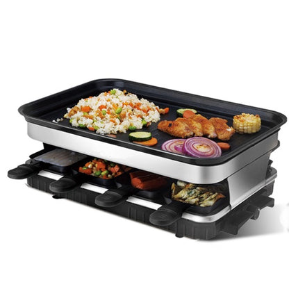 1500W Raclette Grill for 8 People – Non-Stick Plate with 8 Mini Pans & Adjustable Temperature Control