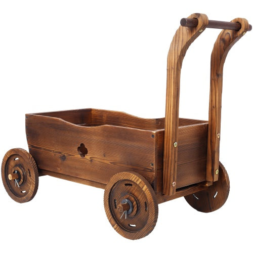 Wooden Wagon Planter Box – Mobile Flower Cart with Wheels, Handle & Drain Hole for Indoor/Outdoor Garden Décor (Brown)