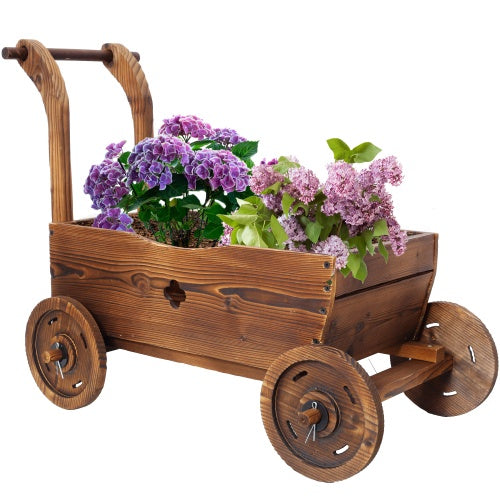 Wooden Wagon Planter Box – Mobile Flower Cart with Wheels, Handle & Drain Hole for Indoor/Outdoor Garden Décor (Brown)