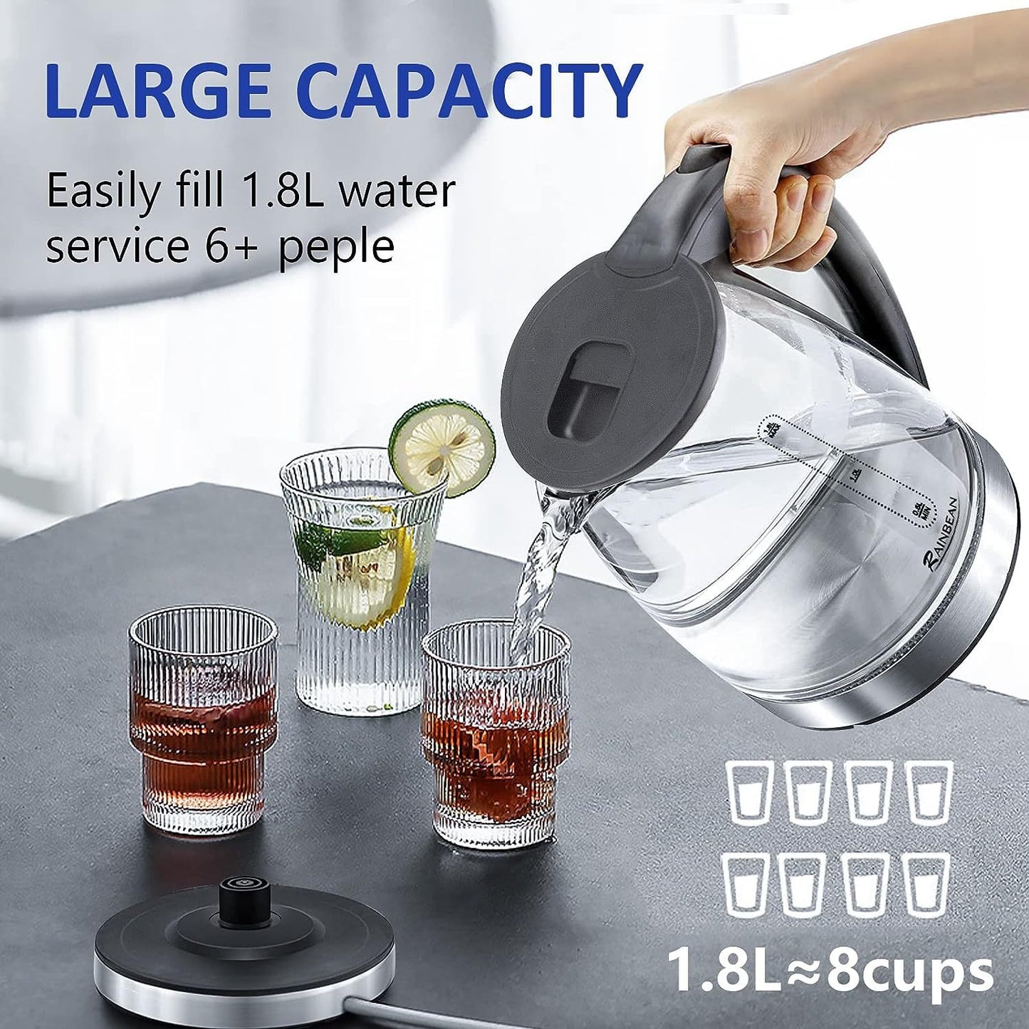 1.8L Glass Electric Kettle – Fast Boil Water Boiler with LED Light, Wide Opening, Auto Shut-Off & Boil-Dry Protection – Black