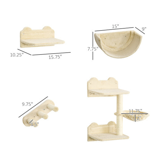 PawHut 4-Piece Cat Wall Shelves Set – Climbing Furniture with Hammock, Steps, Perches & Scratching Post – Beige