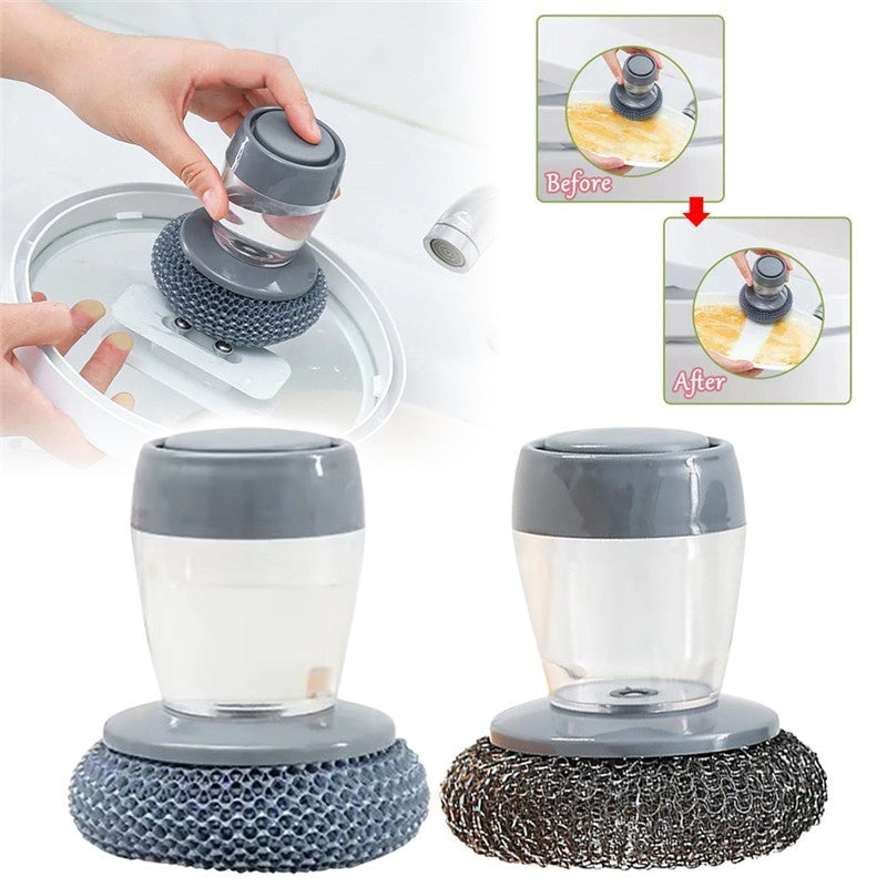 Kitchen Soap Dispensing Palm Brush – Push-Type Dish Cleaner with Built-in Detergent Dispenser