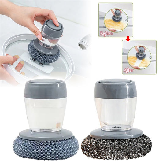 Kitchen Soap Dispensing Palm Brush – Push-Type Dish Cleaner with Built-in Detergent Dispenser