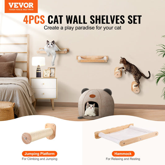 VEVOR Wall-Mounted Cat Shelves with Jumping Posts & Hammocks – Holds Up to 40 lbs