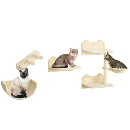 PawHut 4-Piece Cat Wall Shelves Set – Climbing Furniture with Hammock, Steps, Perches & Scratching Post – Beige