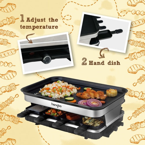 1500W Raclette Grill for 8 People – Non-Stick Plate with 8 Mini Pans & Adjustable Temperature Control