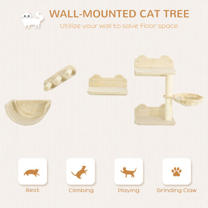 PawHut 4-Piece Cat Wall Shelves Set – Climbing Furniture with Hammock, Steps, Perches & Scratching Post – Beige
