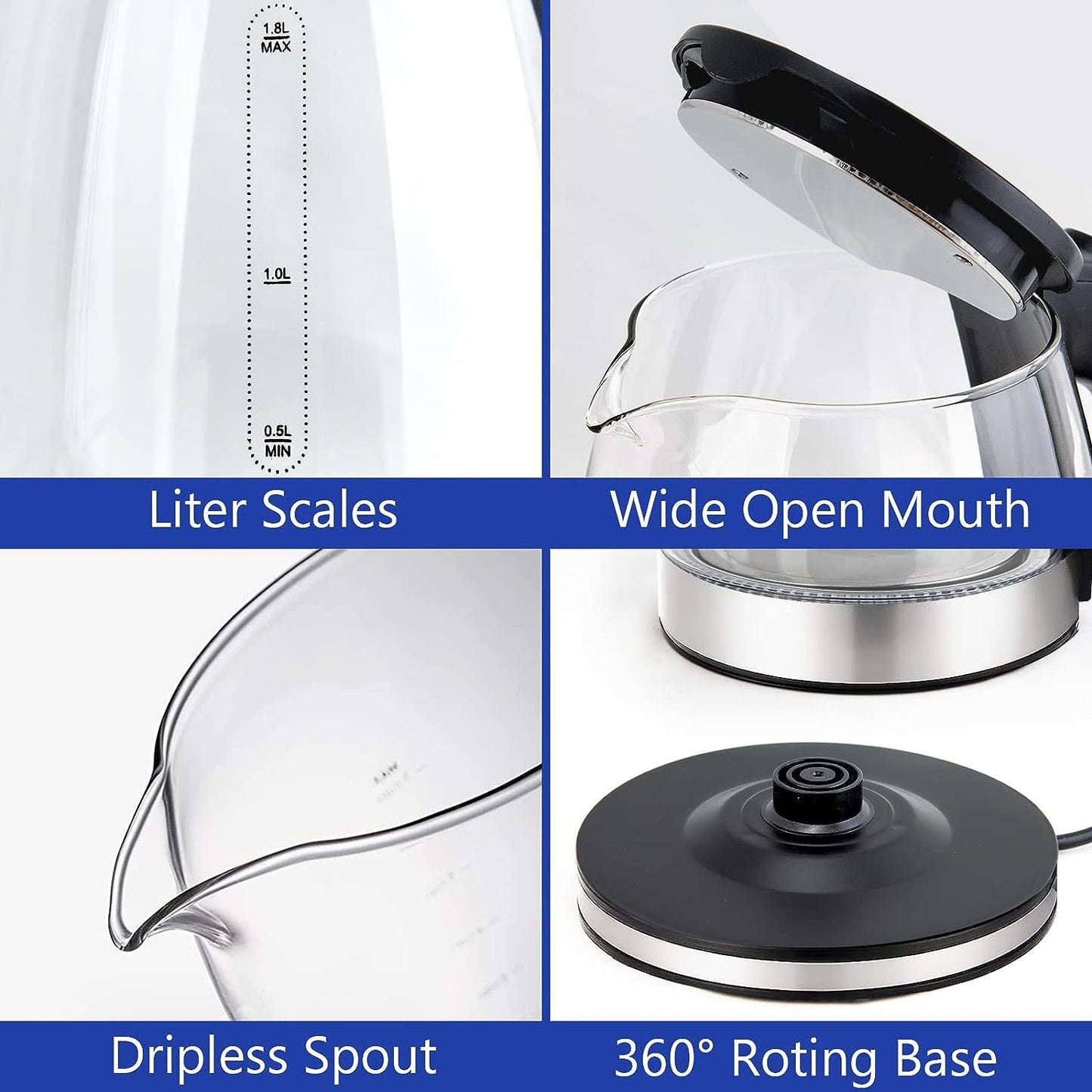 1.8L Glass Electric Kettle – Fast Boil Water Boiler with LED Light, Wide Opening, Auto Shut-Off & Boil-Dry Protection – Black