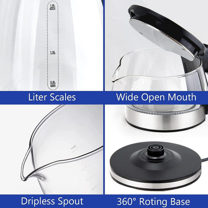 1.8L Glass Electric Kettle – Fast Boil Water Boiler with LED Light, Wide Opening, Auto Shut-Off & Boil-Dry Protection – Black