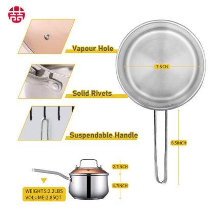 WANGYUANJI 2.85QT Non-Stick Stainless Steel Saucepan with Lid – Small Soup Pot for All Stovetops, Oven & Dishwasher Safe