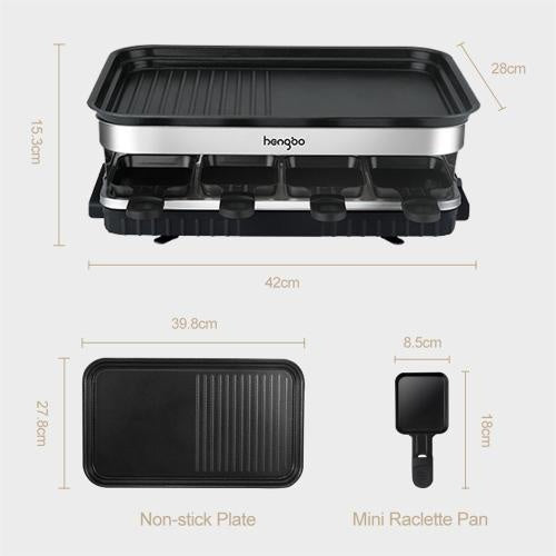1500W Raclette Grill for 8 People – Non-Stick Plate with 8 Mini Pans & Adjustable Temperature Control