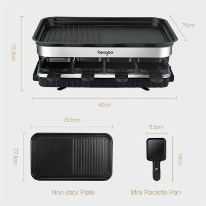 1500W Raclette Grill for 8 People – Non-Stick Plate with 8 Mini Pans & Adjustable Temperature Control