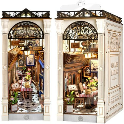 ROBOTIME DIY Book Nook Kit – 3D Wooden Arcade Dating Scene with Dust Cover, Miniature Dollhouse Puzzle & Creative Bookshelf Décor Gift
