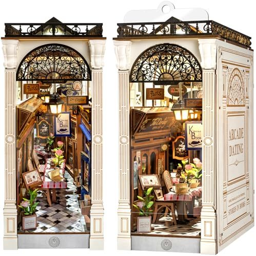 ROBOTIME DIY Book Nook Kit – 3D Wooden Arcade Dating Scene with Dust Cover, Miniature Dollhouse Puzzle & Creative Bookshelf Décor Gift