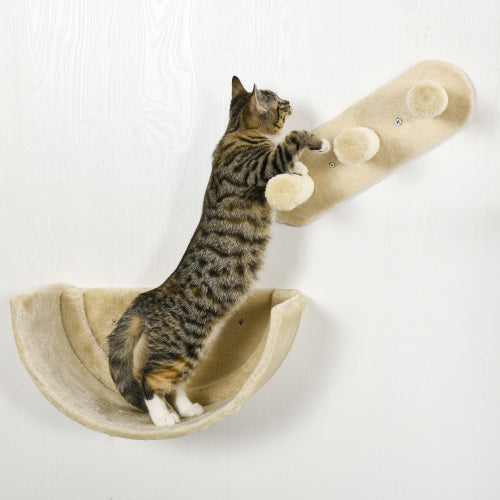 PawHut 4-Piece Cat Wall Shelves Set – Climbing Furniture with Hammock, Steps, Perches & Scratching Post – Beige