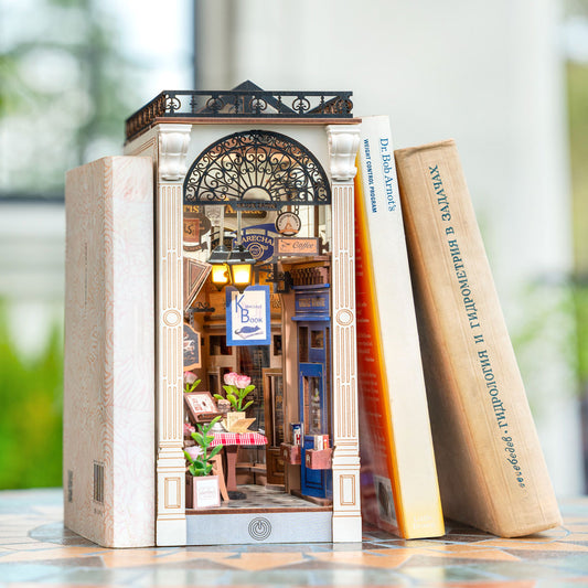 ROBOTIME DIY Book Nook Kit – 3D Wooden Arcade Dating Scene with Dust Cover, Miniature Dollhouse Puzzle & Creative Bookshelf Décor Gift