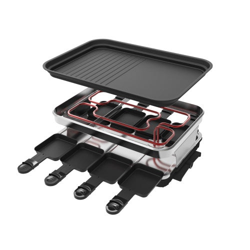 1500W Raclette Grill for 8 People – Non-Stick Plate with 8 Mini Pans & Adjustable Temperature Control